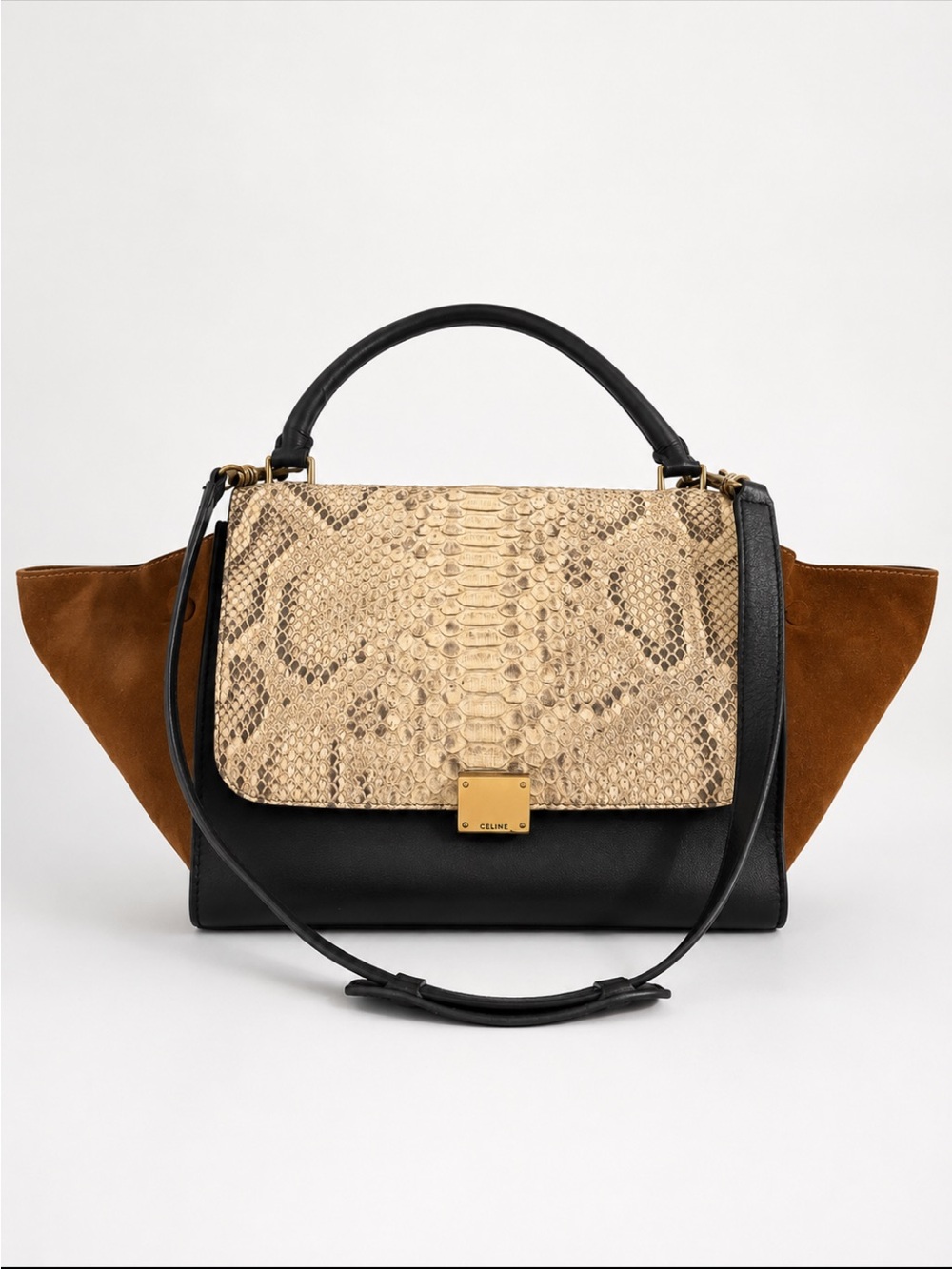 Celine Purse - Trapeze Python & Brown Suede Accent Satchel in Black